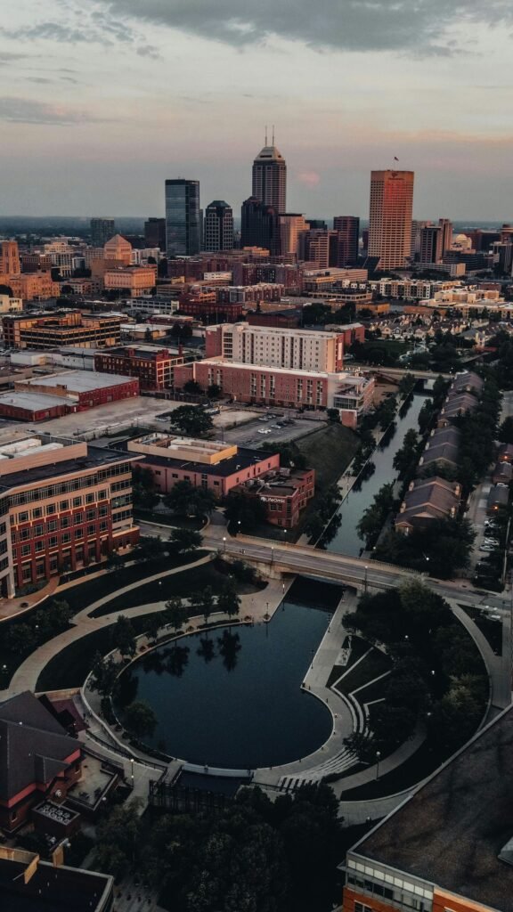Downtown Indianapolis skyline at dusk
